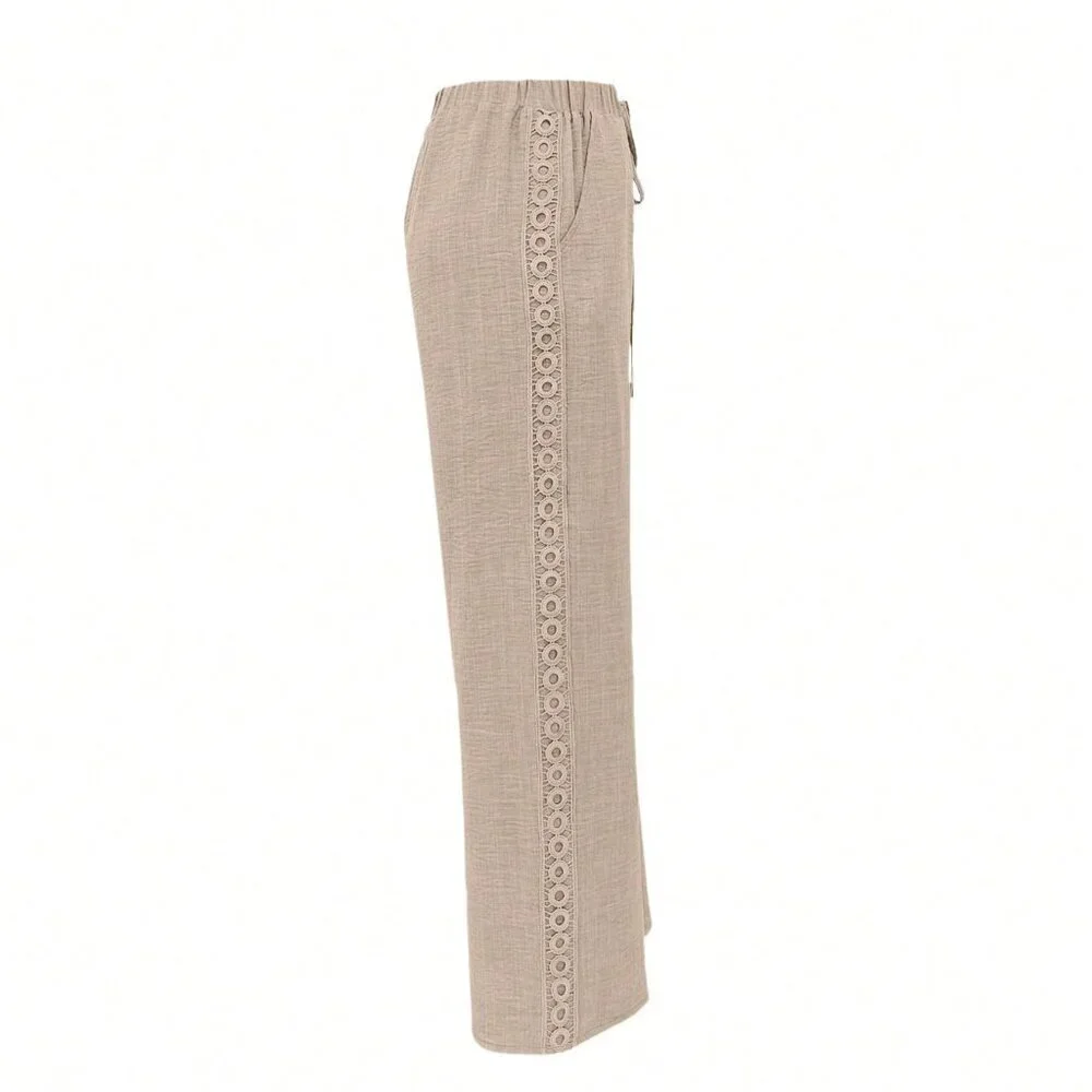 Khaki Casual Women's Side Lace Solid Denim Effect Long Pants